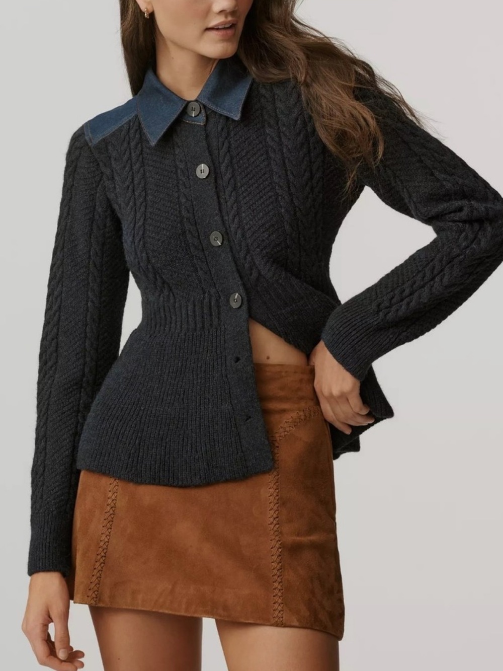Pilcro Anthropologie Navy Peplum Cable Knit Cardigan Sweater Denim